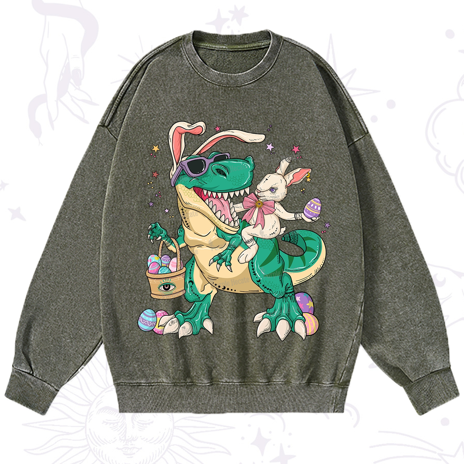Purplehecate Easter Bunny Riding Dinosaur Washed Sweatshirt