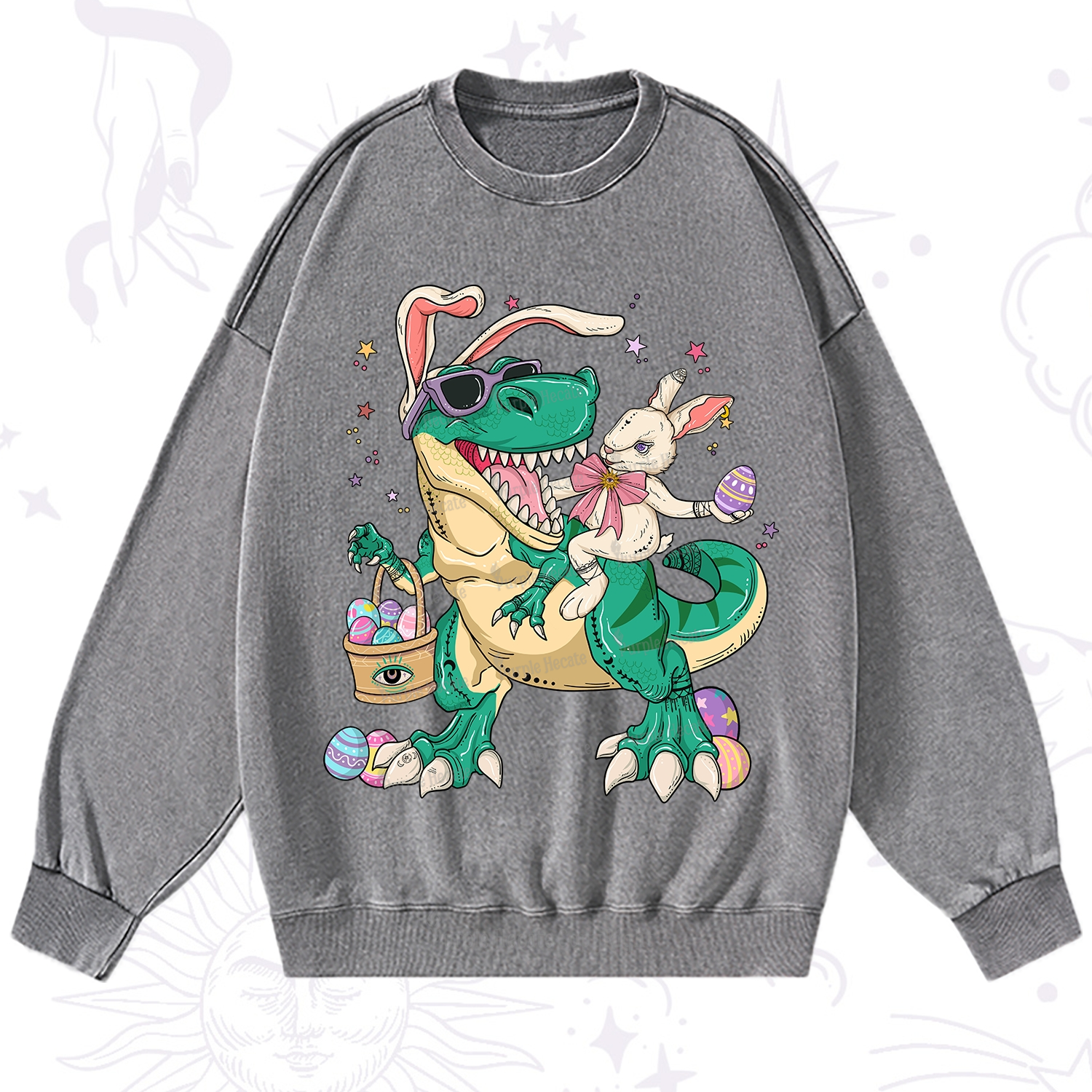 Purplehecate Easter Bunny Riding Dinosaur Washed Sweatshirt