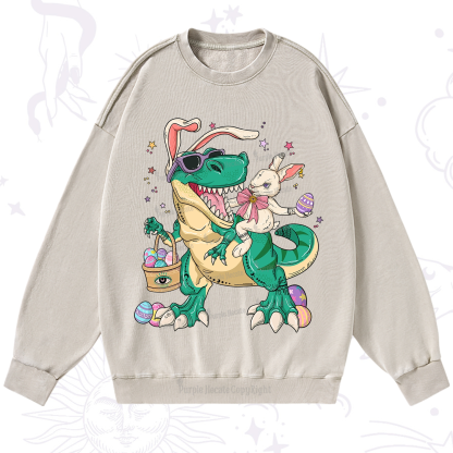 Purplehecate Easter Bunny Riding Dinosaur Washed Sweatshirt