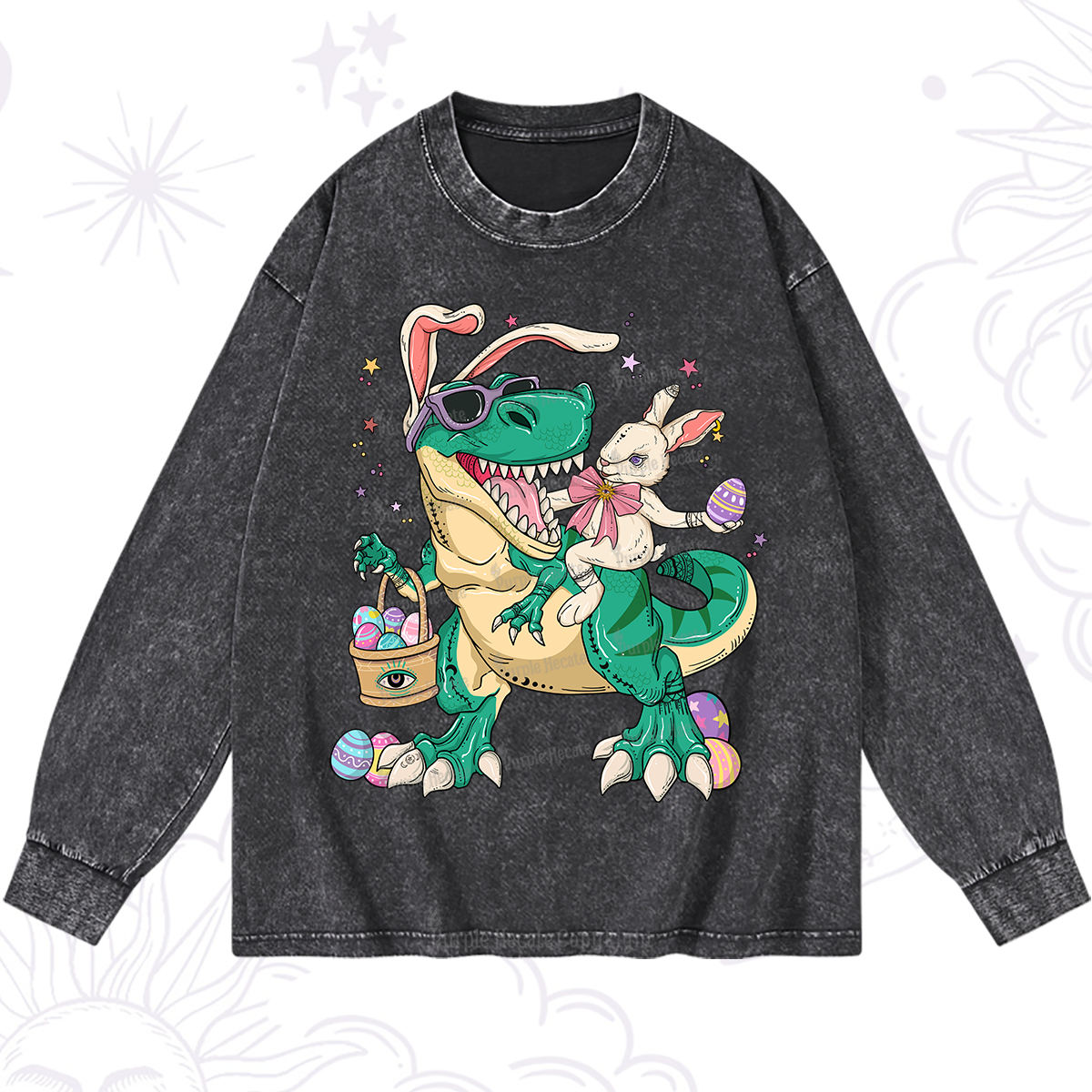 Purplehecate Easter Bunny Riding Dinosaur Washed Long Sleeve Shirt