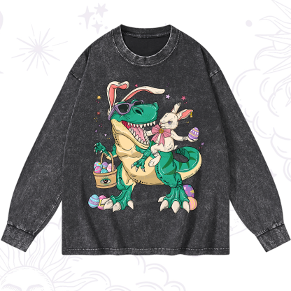 Purplehecate Easter Bunny Riding Dinosaur Washed Long Sleeve Shirt