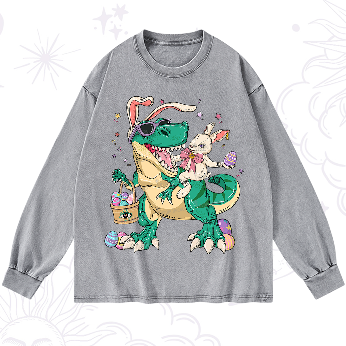 Purplehecate Easter Bunny Riding Dinosaur Washed Long Sleeve Shirt