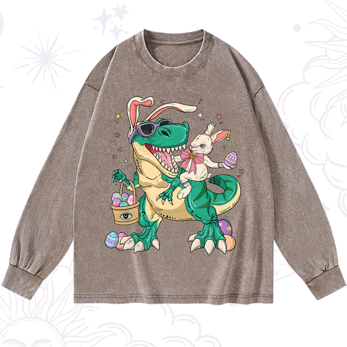 Purplehecate Easter Bunny Riding Dinosaur Washed Long Sleeve Shirt
