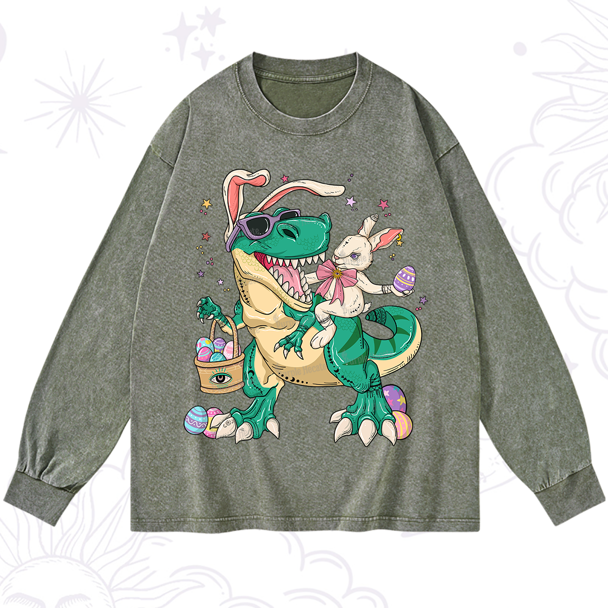 Purplehecate Easter Bunny Riding Dinosaur Washed Long Sleeve Shirt