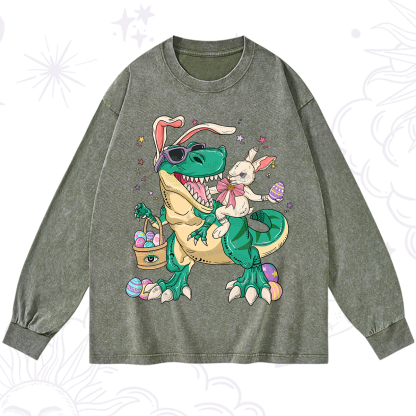 Purplehecate Easter Bunny Riding Dinosaur Washed Long Sleeve Shirt