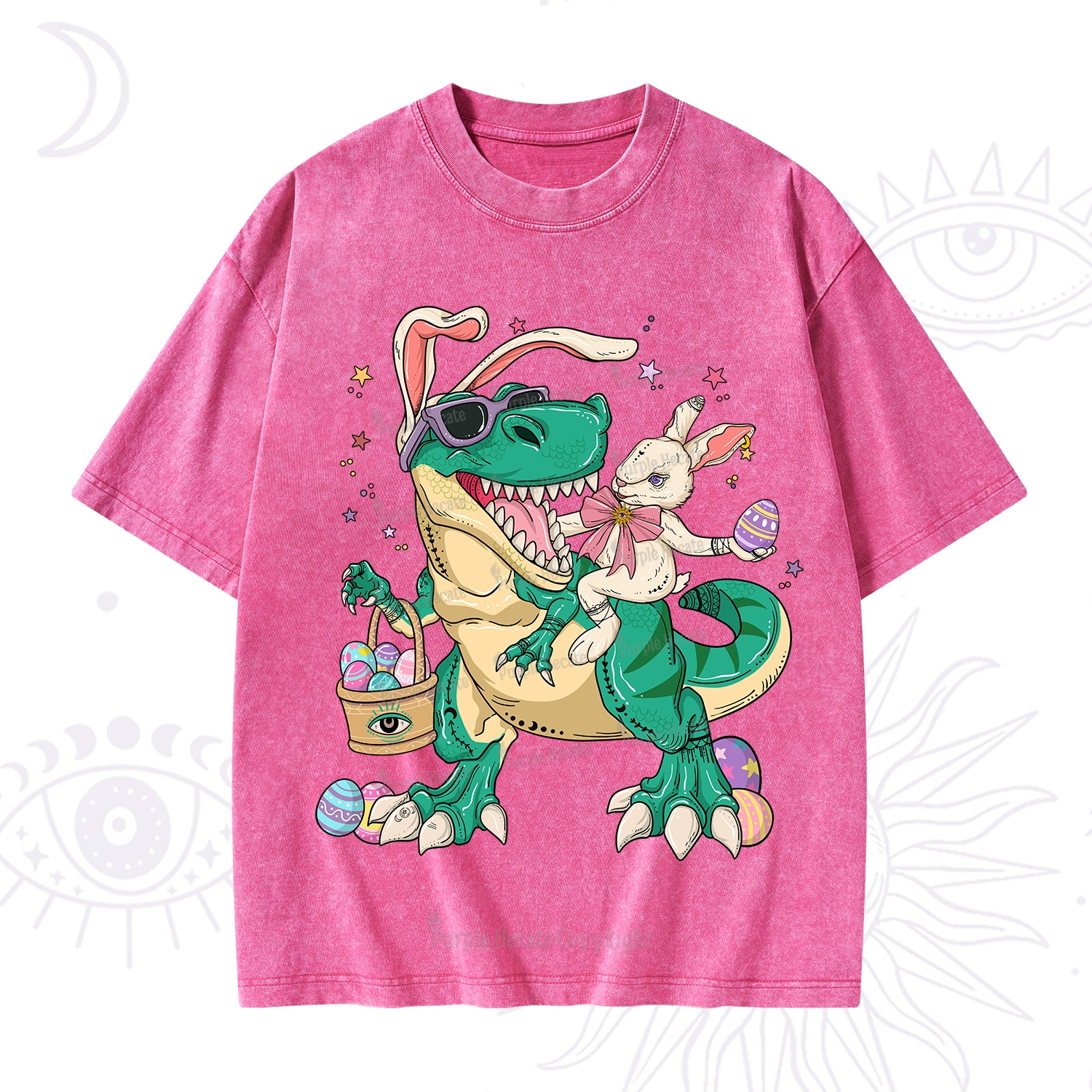 Purplehecate Easter Bunny Riding Dinosaur Washed T-Shirt