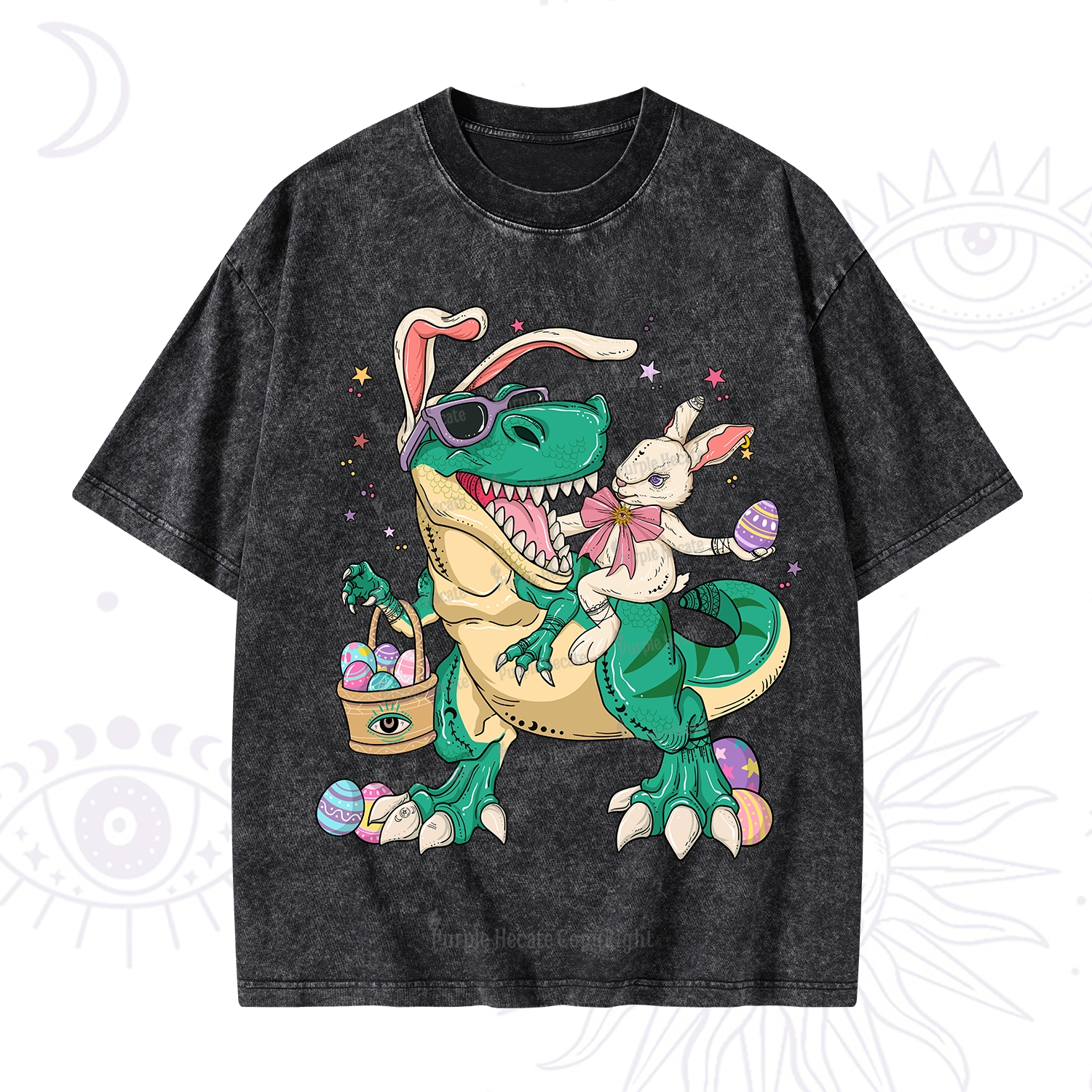 Purplehecate Easter Bunny Riding Dinosaur Washed T-Shirt