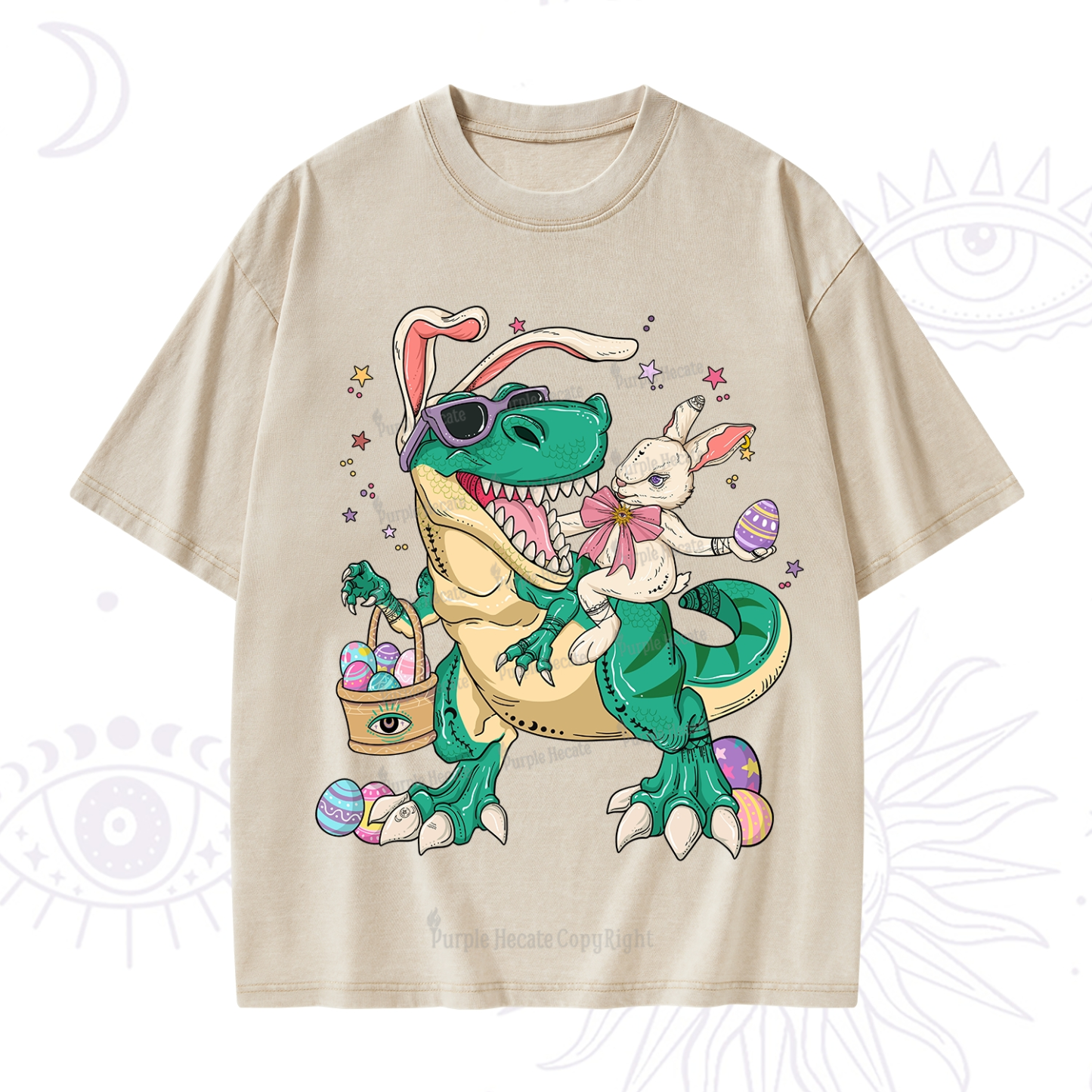 Purplehecate Easter Bunny Riding Dinosaur Washed T-Shirt