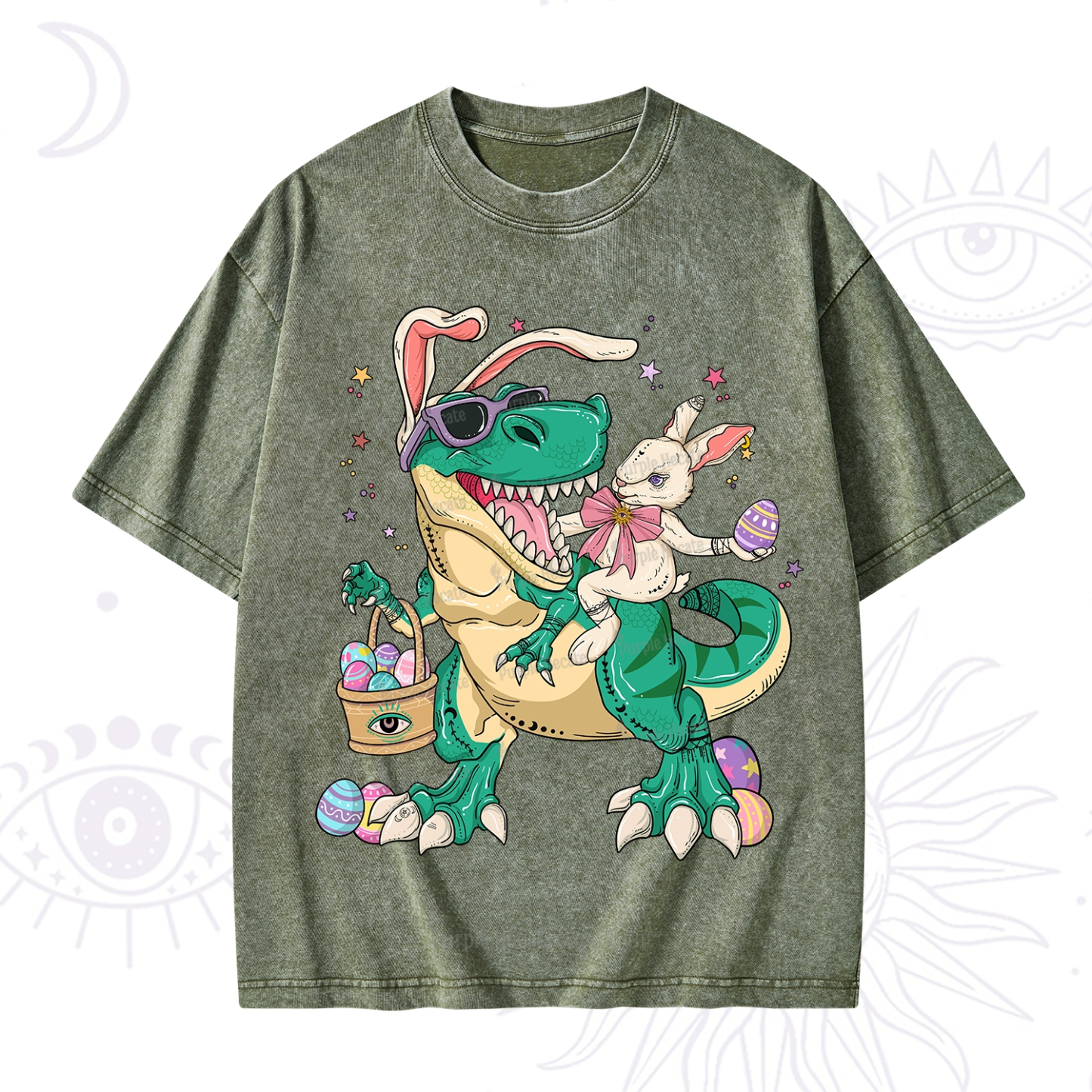 Purplehecate Easter Bunny Riding Dinosaur Washed T-Shirt