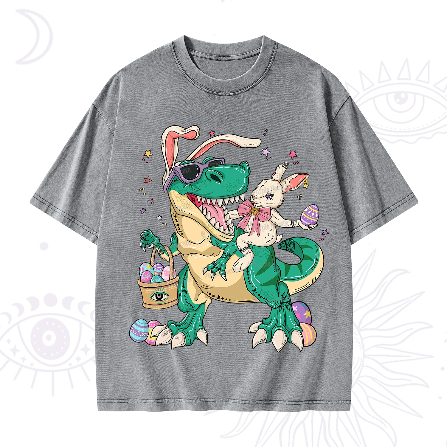 Purplehecate Easter Bunny Riding Dinosaur Washed T-Shirt