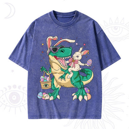 Purplehecate Easter Bunny Riding Dinosaur Washed T-Shirt