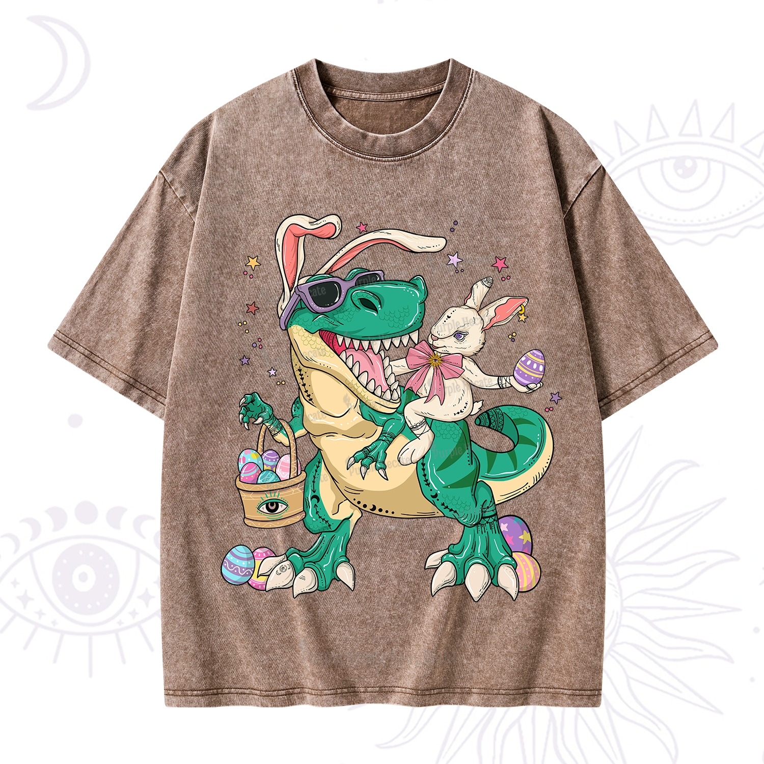 Purplehecate Easter Bunny Riding Dinosaur Washed T-Shirt