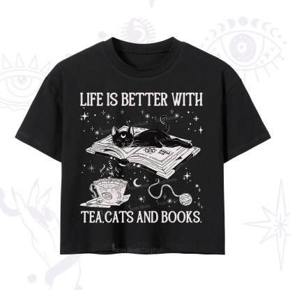 Purplehecate Life Is Better With Cats And Books Crop T-Shirt