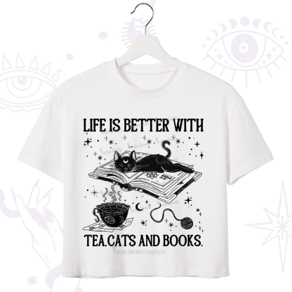 Purplehecate Life Is Better With Cats And Books Crop T-Shirt