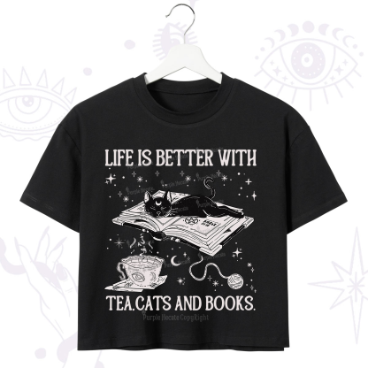 Purplehecate Life Is Better With Cats And Books Crop T-Shirt