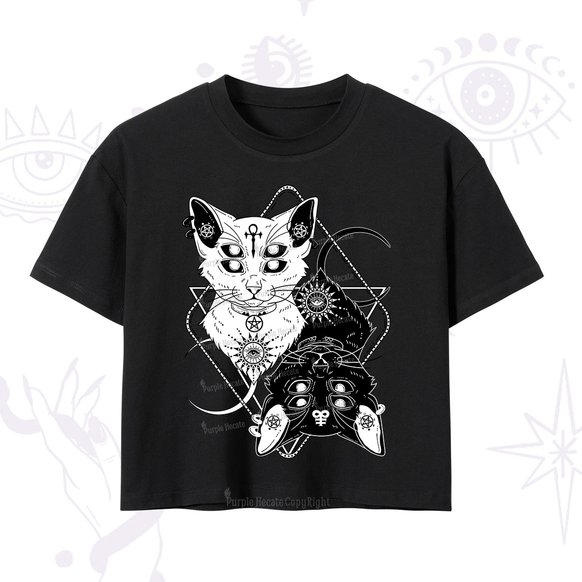Purplehecate Occult Mirror Cats Crop T-Shirt