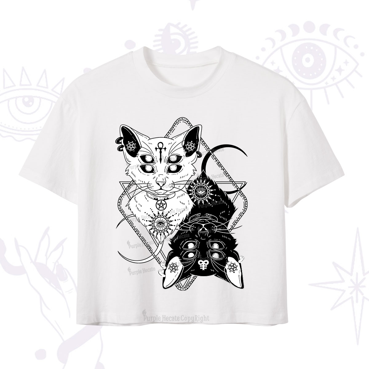 Purplehecate Occult Mirror Cats Crop T-Shirt
