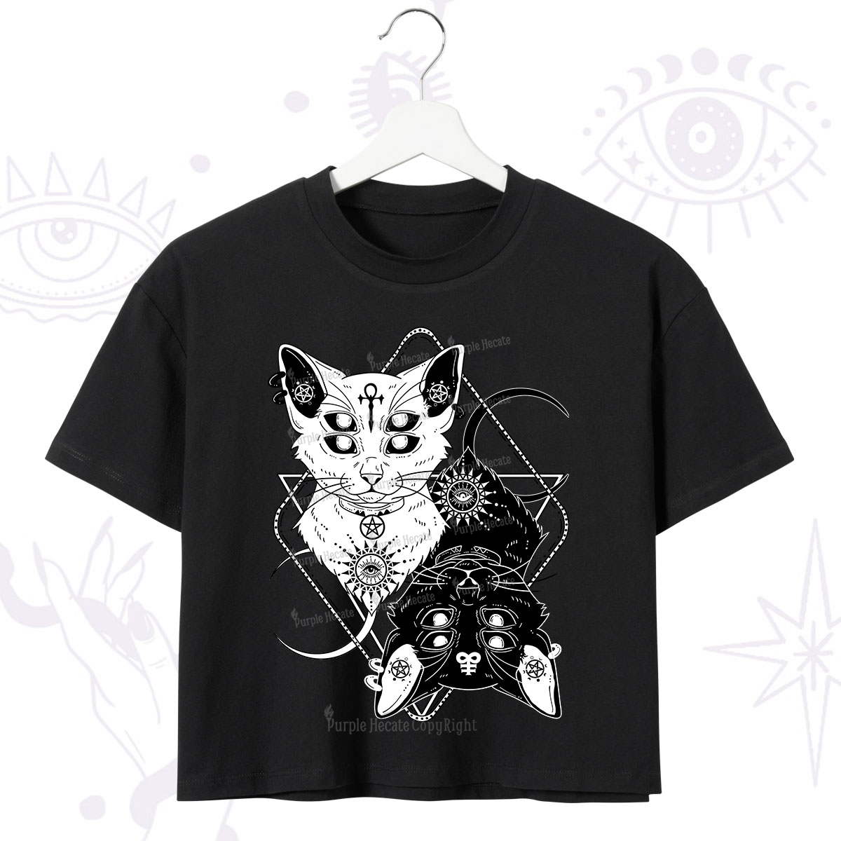 Purplehecate Occult Mirror Cats Crop T-Shirt