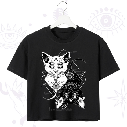 Purplehecate Occult Mirror Cats Crop T-Shirt