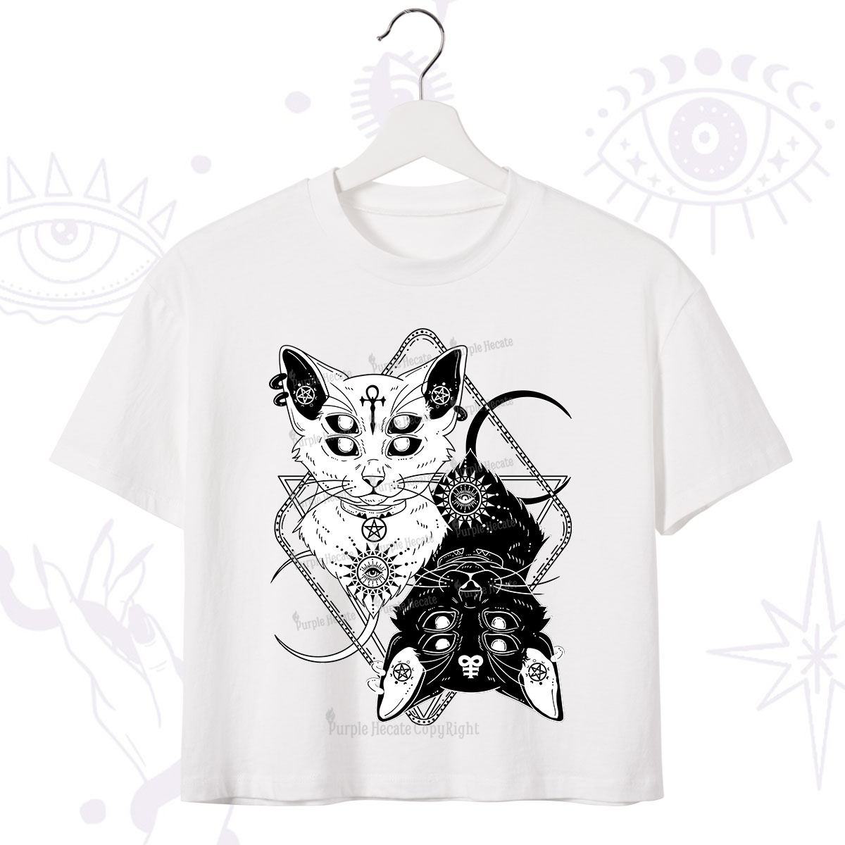 Purplehecate Occult Mirror Cats Crop T-Shirt