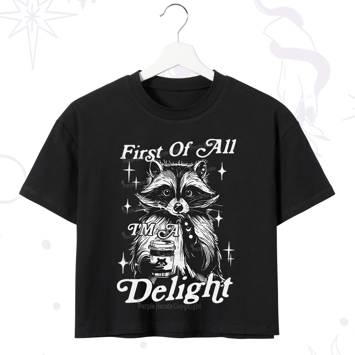 Purplehecate First Of All I'm A Delightful Funny Raccoon Crop T-Shirt