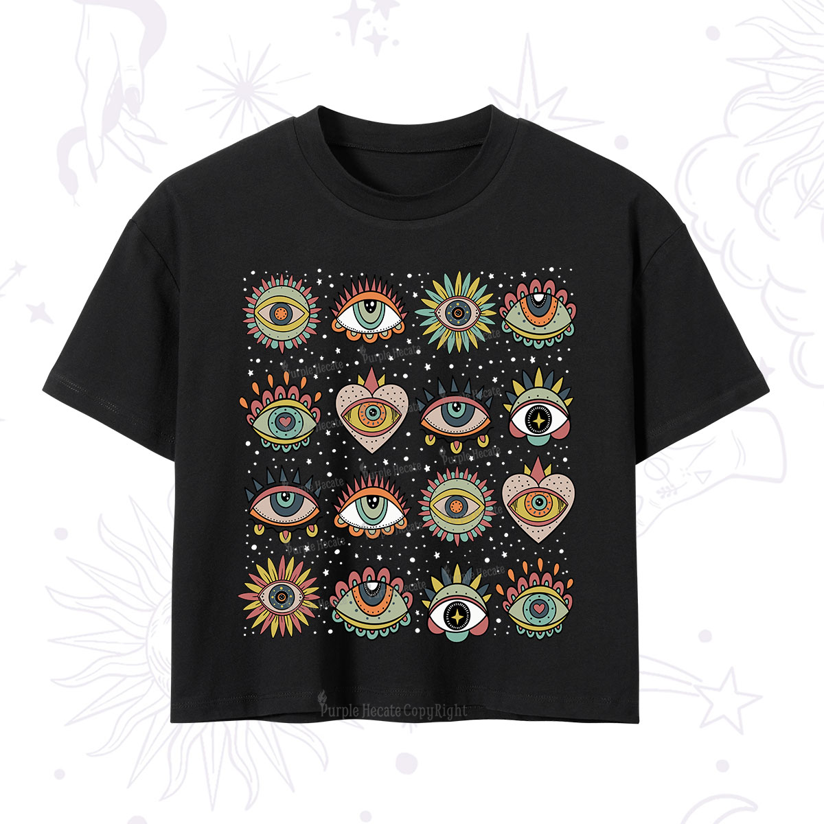 Purplehecate Mystical Evil Eye Pattern Crop T-Shirt