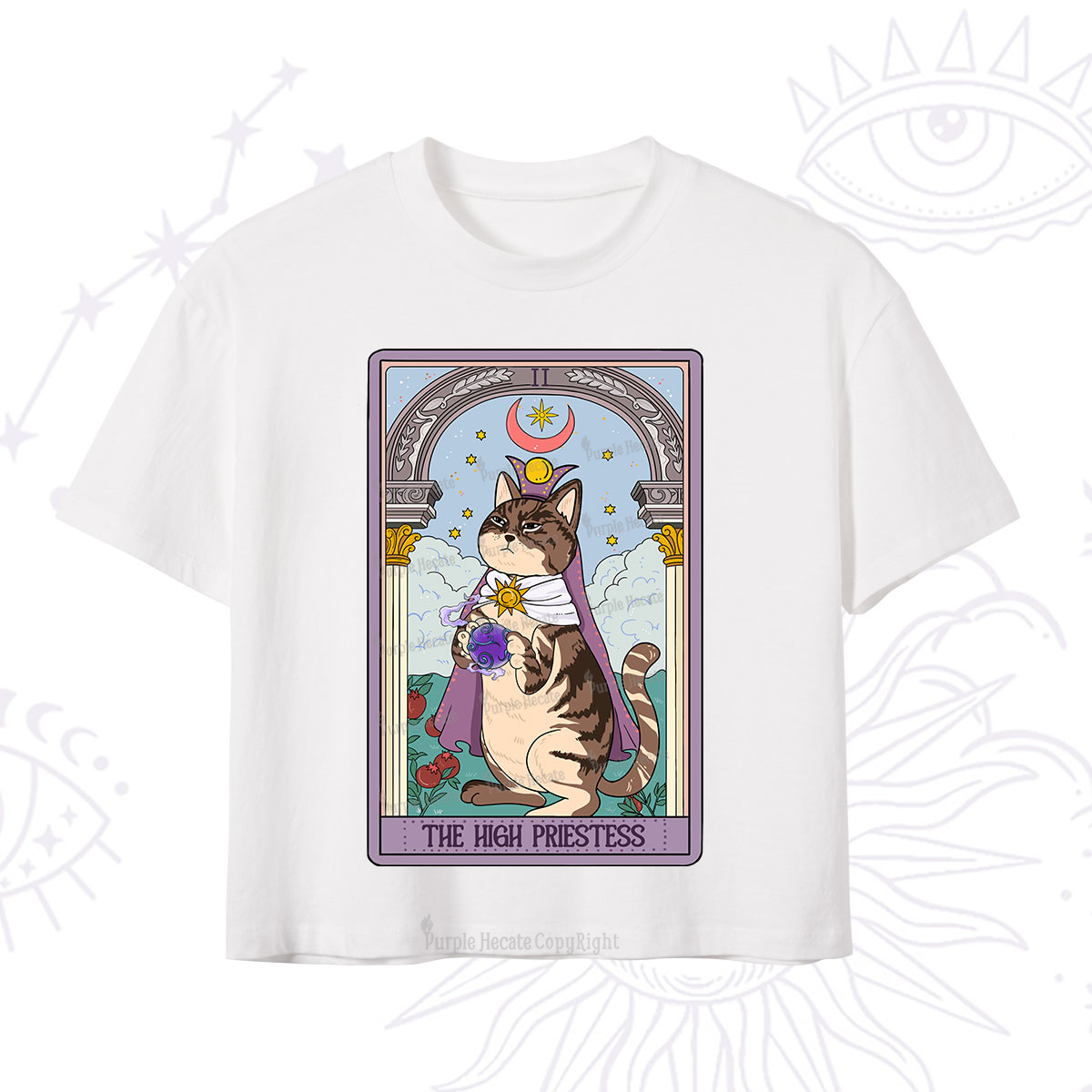 Purplehecate The High Priestess Cat Tarot Crop T-Shirt