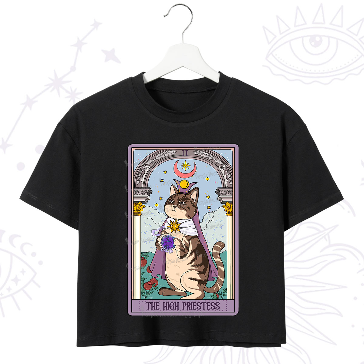 Purplehecate The High Priestess Cat Tarot Crop T-Shirt