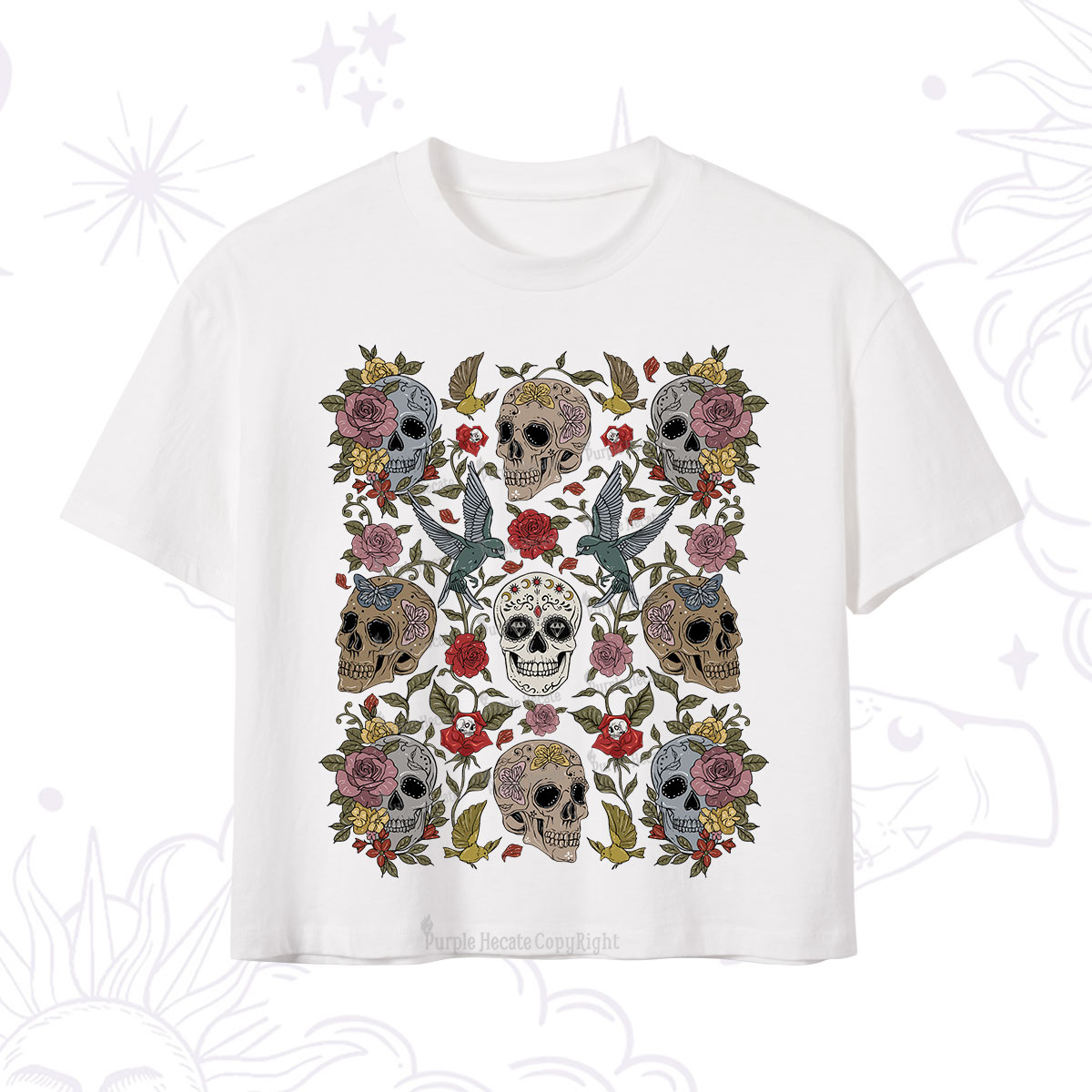Purplehecate Skull Floral Crop T-Shirt