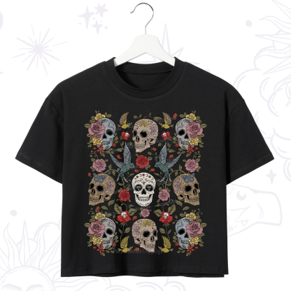 Purplehecate Skull Floral Crop T-Shirt