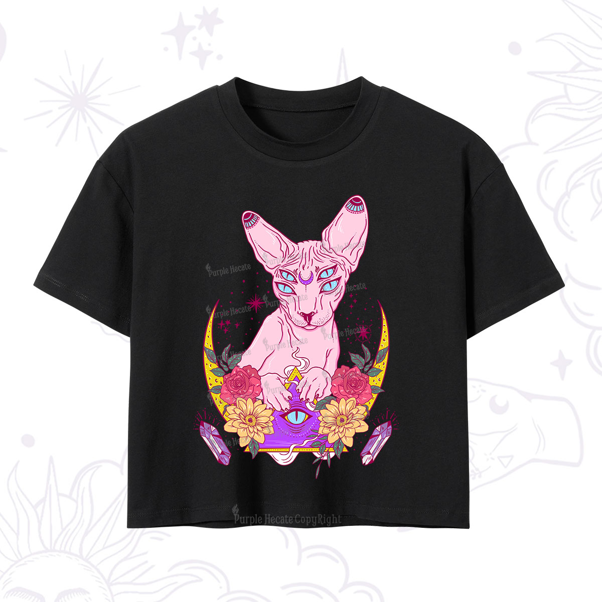 Purplehecate Moon Phase Cat Crop T-Shirt