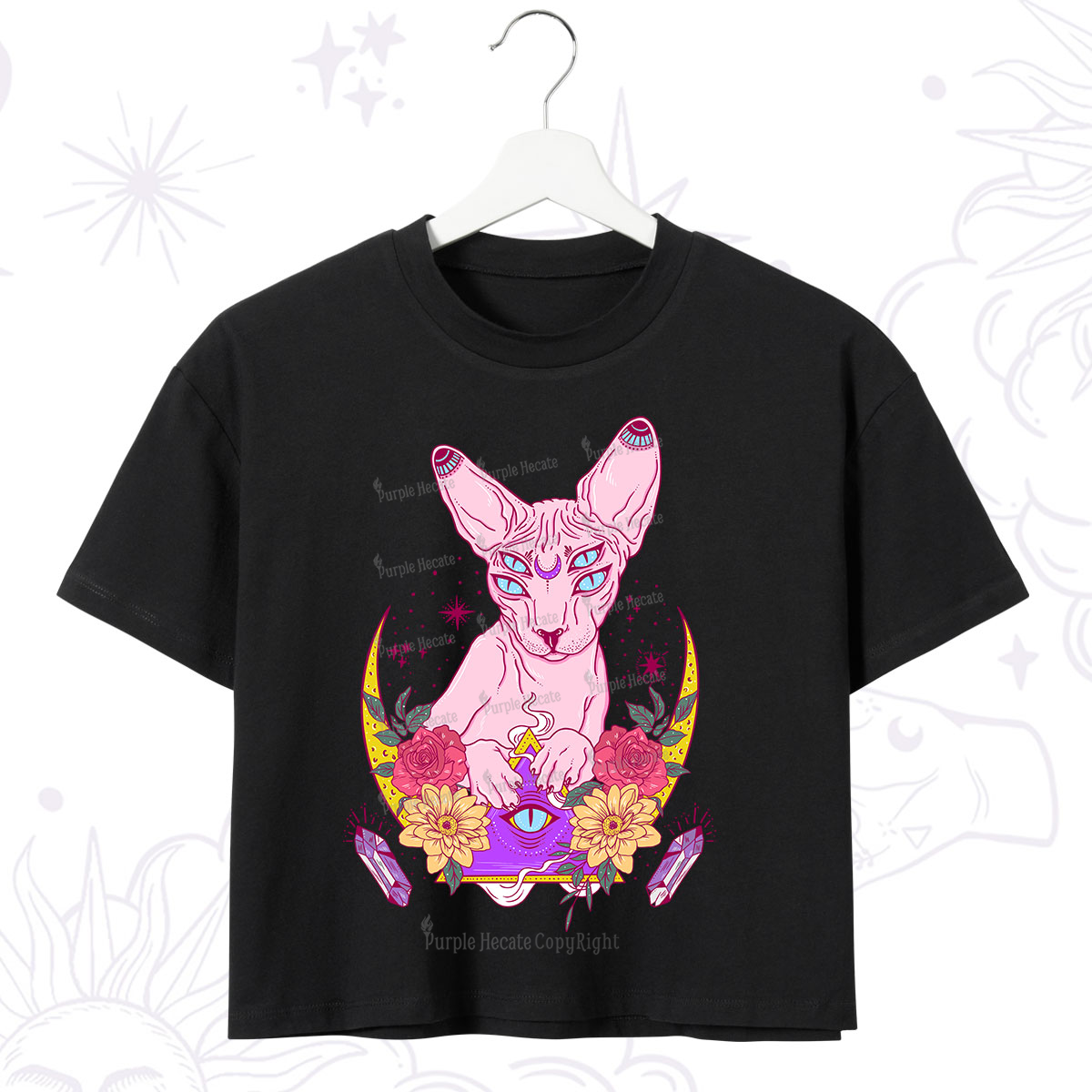 Purplehecate Moon Phase Cat Crop T-Shirt