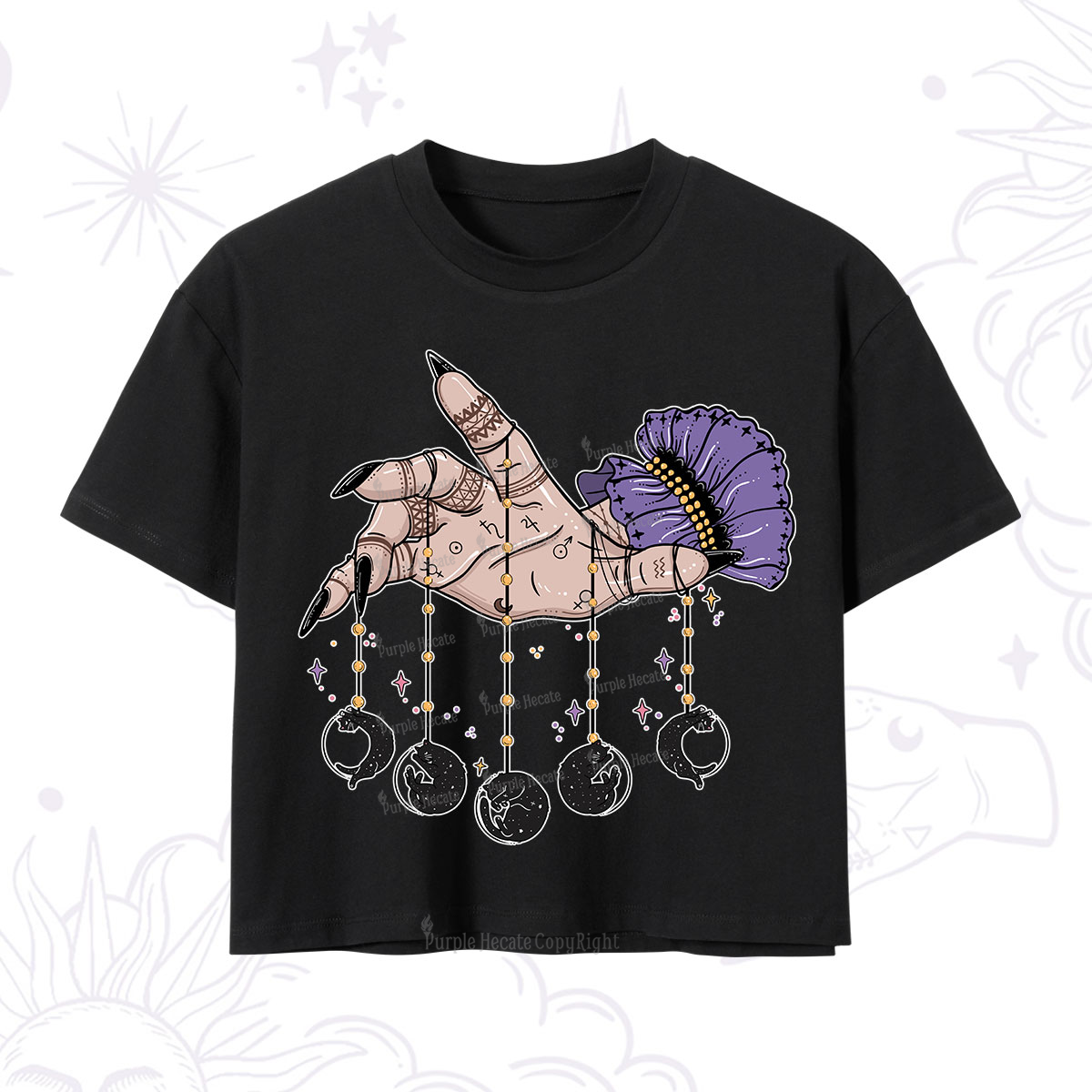 Purplehecate Feline Lunar Phases Crop T-Shirt