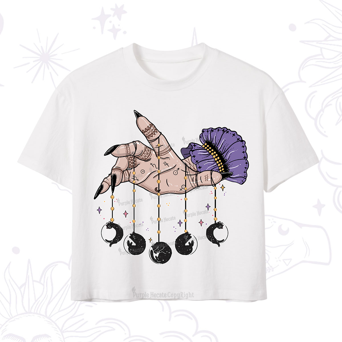 Purplehecate Feline Lunar Phases Crop T-Shirt