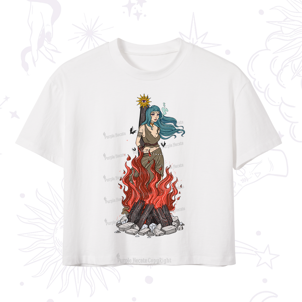 Purplehecate Witchy Woman Burned at the Stake Crop T-Shirt