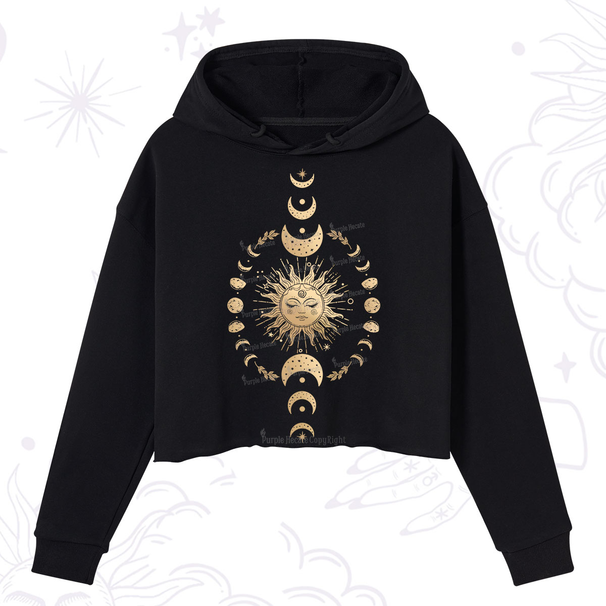 Purplehecate Celestial Sun & Moon Phases Crop Hoodie