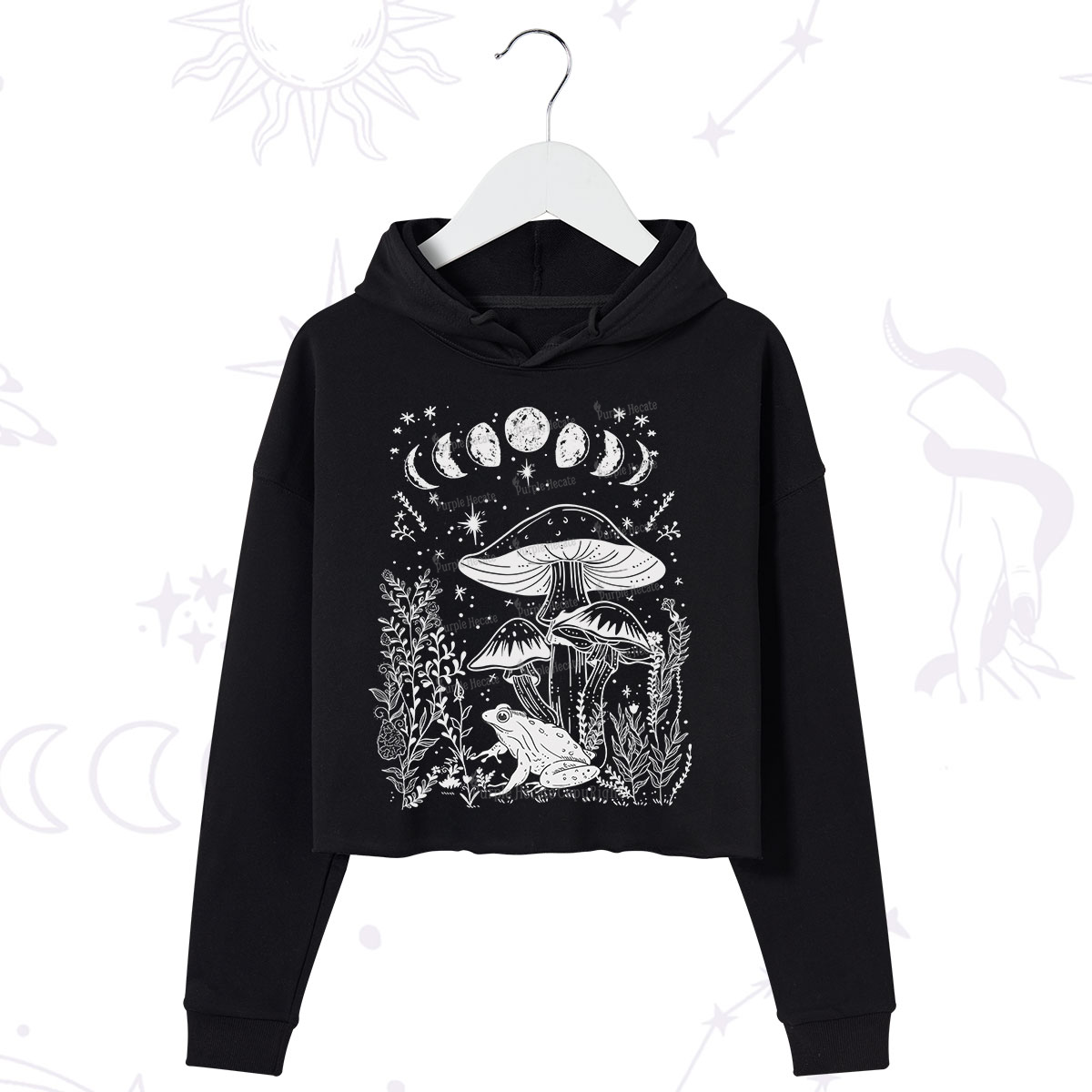Purplehecate Celestial Frog Mushrooms Crop Hoodie