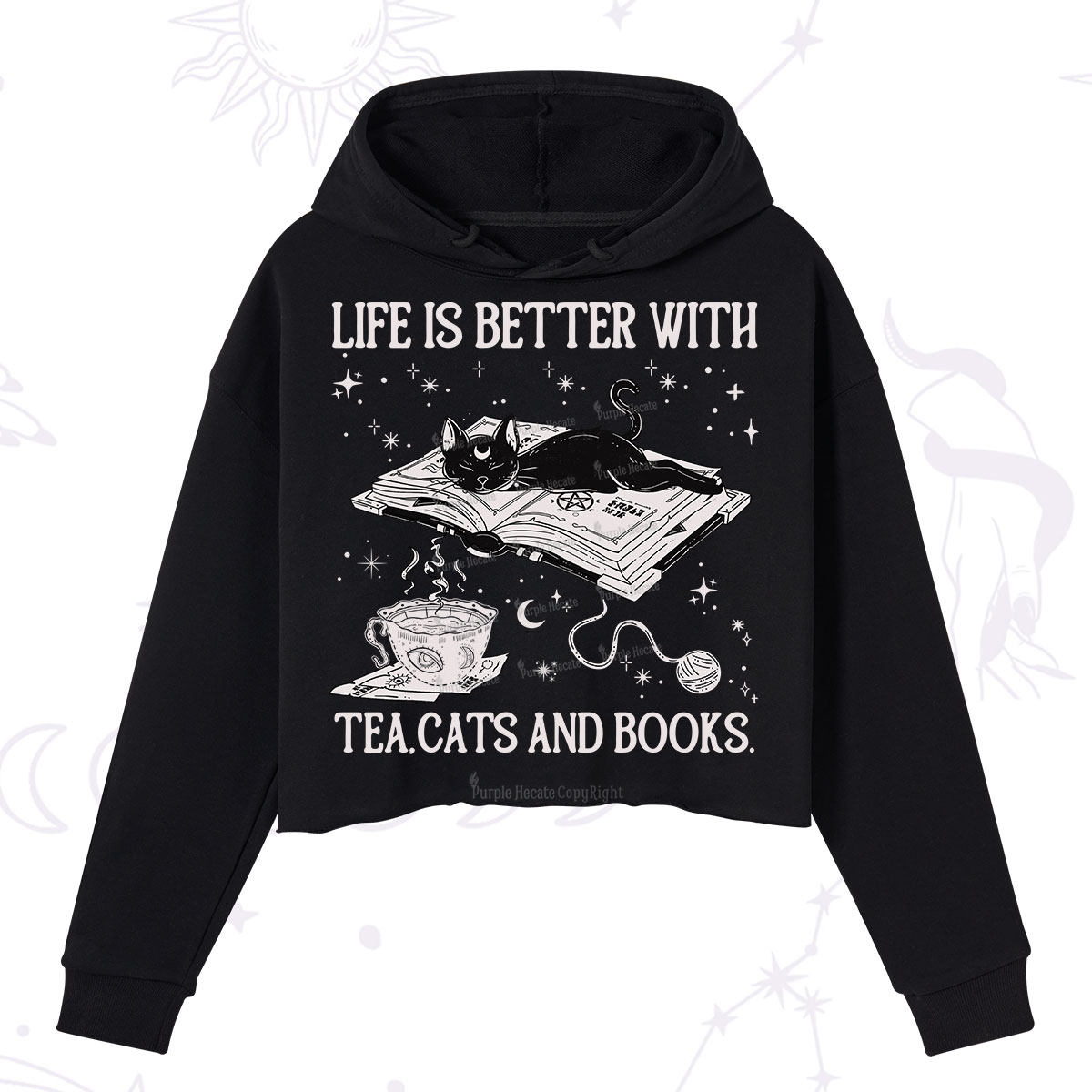 Purplehecate Life Is Better With Cats And Books Crop Hoodie