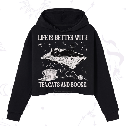 Purplehecate Life Is Better With Cats And Books Crop Hoodie