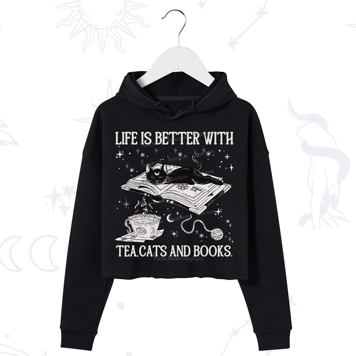Purplehecate Life Is Better With Cats And Books Crop Hoodie