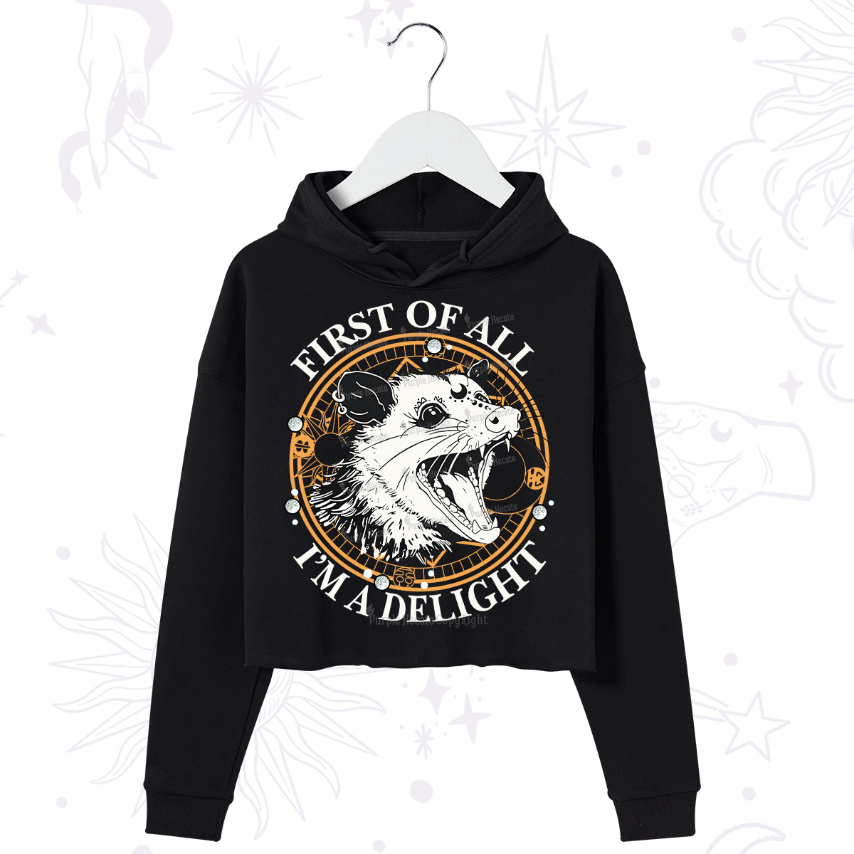 Purplehecate First Of All I Am A Delightful Angry Opossum Crop Hoodie