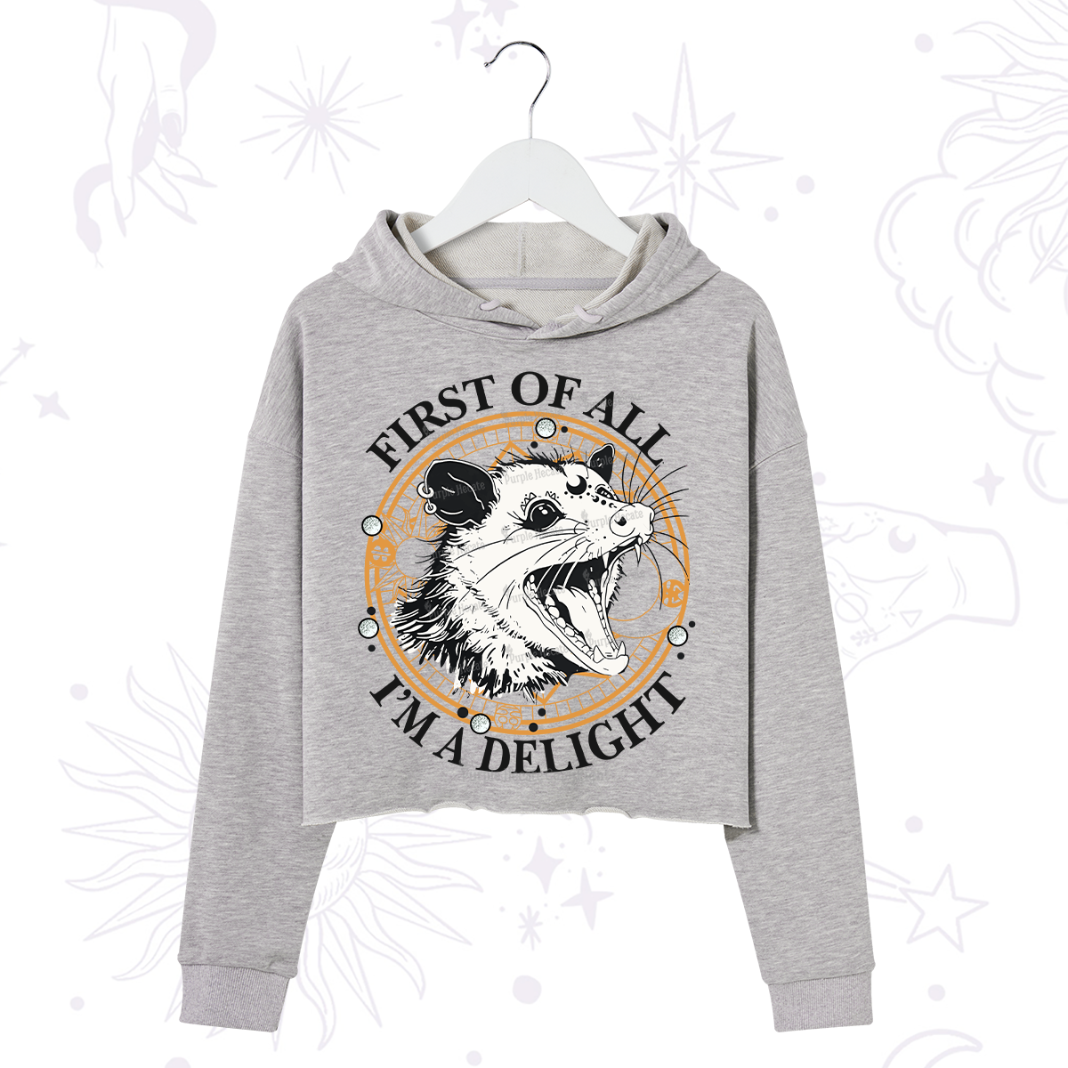 Purplehecate First Of All I Am A Delightful Angry Opossum Crop Hoodie