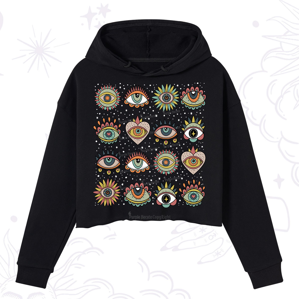 Purplehecate Mystical Evil Eye Pattern Crop Hoodie