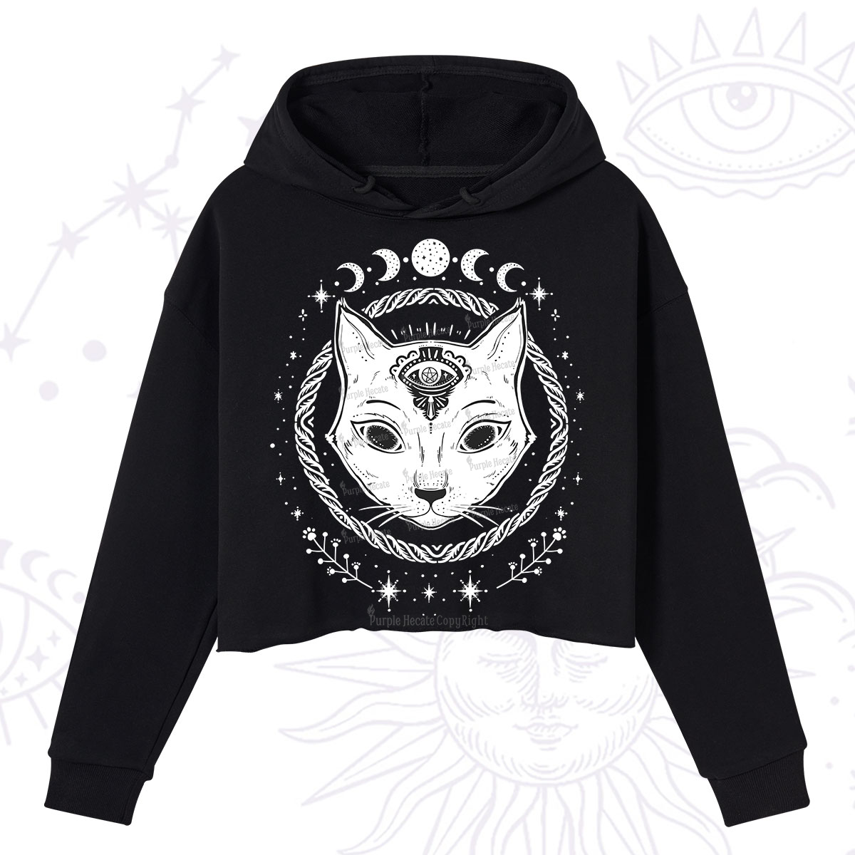 Purplehecate Third Eye Black Cat Crop Hoodie