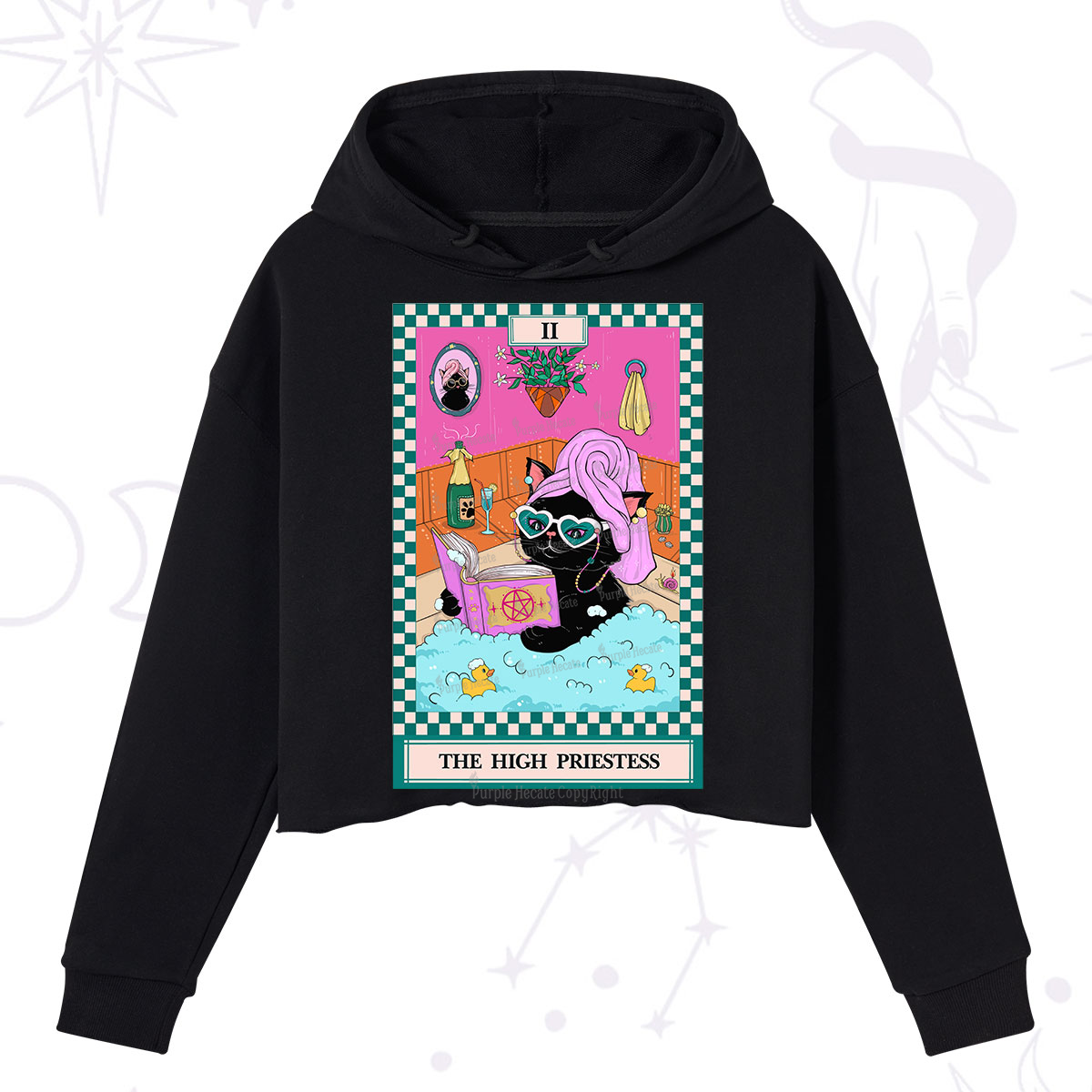 Purplehecate The Cat High Priestess's Bubble Time Tarot Crop Hoodie