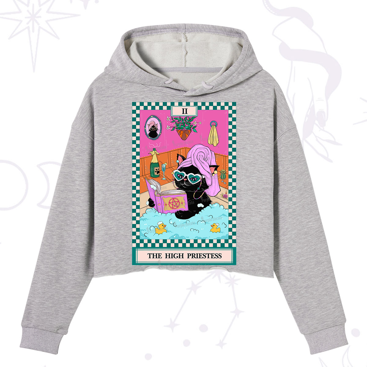 Purplehecate The Cat High Priestess's Bubble Time Tarot Crop Hoodie