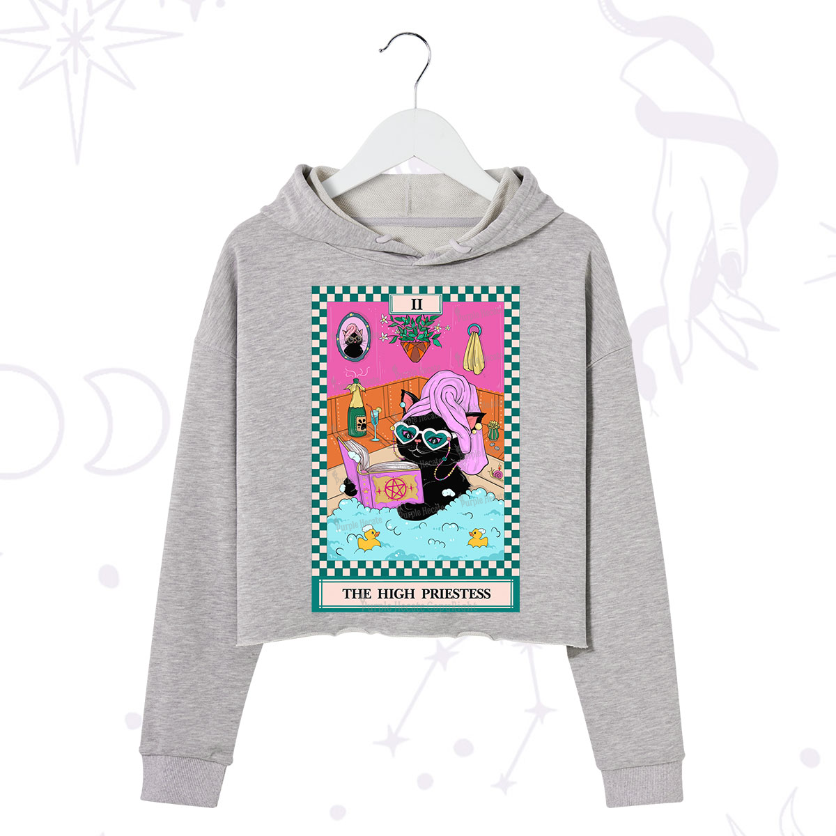 Purplehecate The Cat High Priestess's Bubble Time Tarot Crop Hoodie