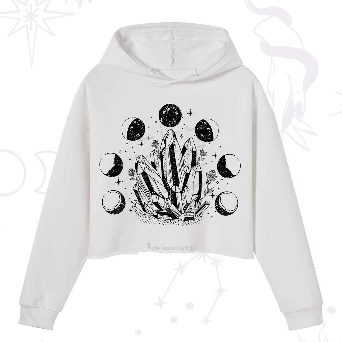 Purplehecate Crystals and Moon Phases Crop Hoodie