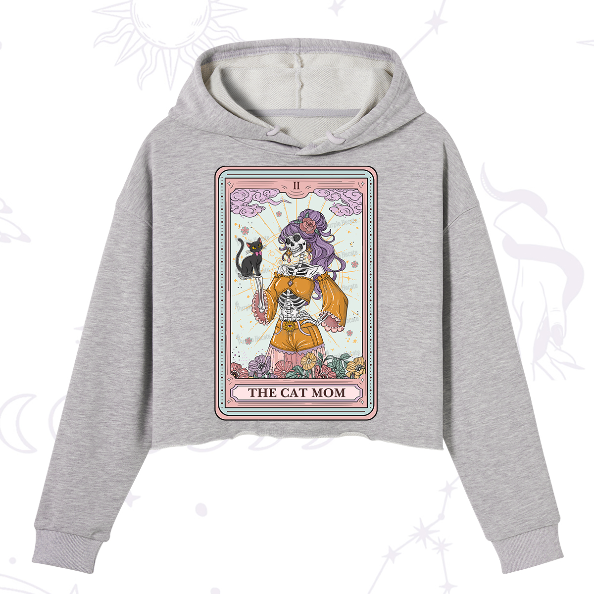Purplehecate The Skeleton Cat Mom Tarot Card Crop Hoodie