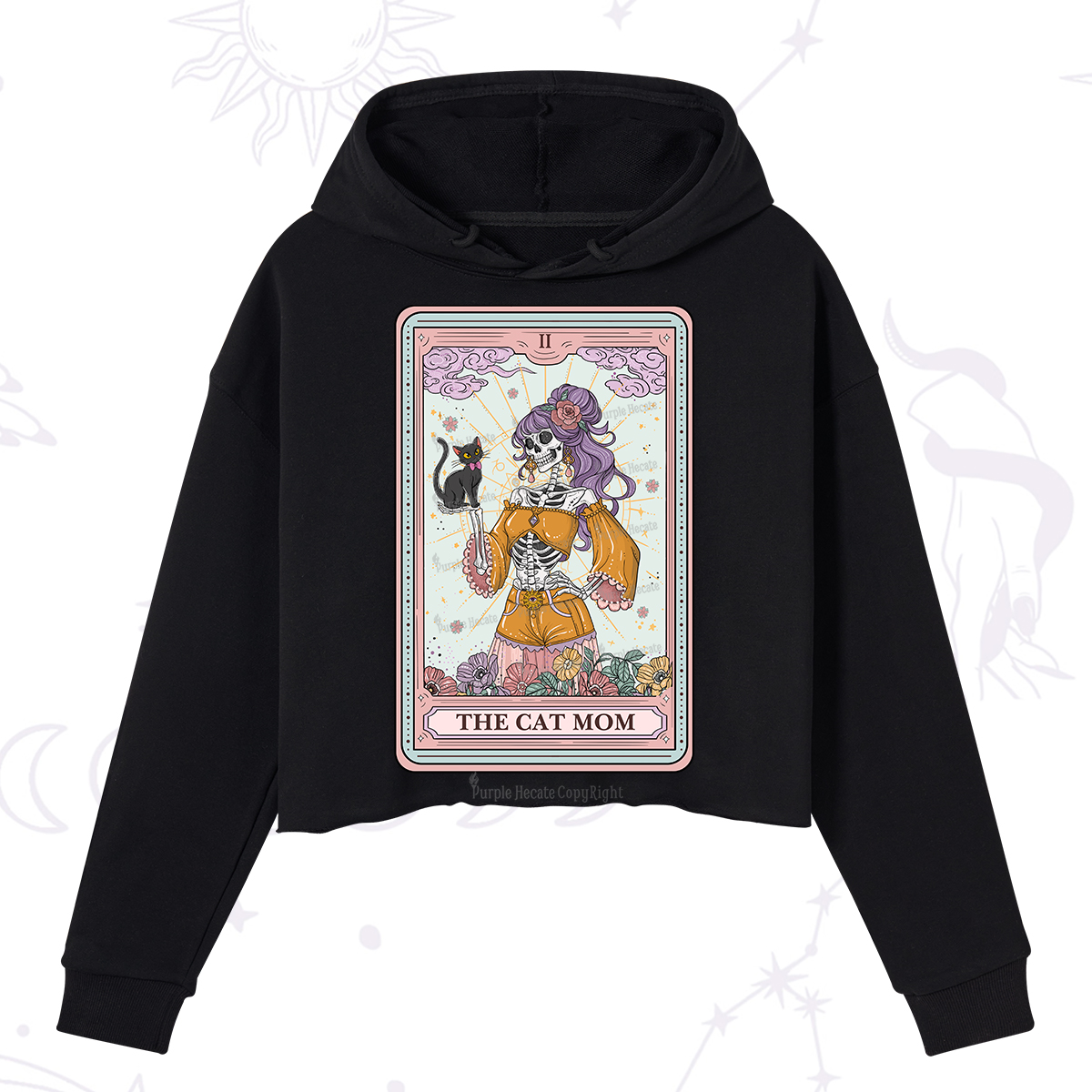 Purplehecate The Skeleton Cat Mom Tarot Card Crop Hoodie